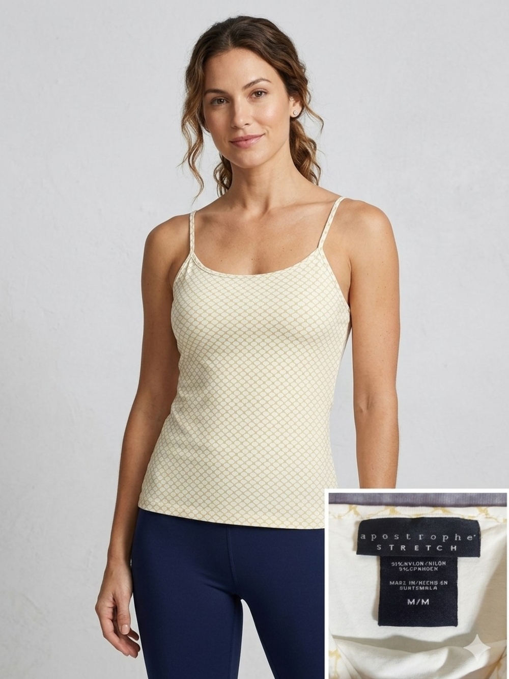 Apostrophe Stretch Camisole Tank Top Medium M Cream Tan Geometric Tile Print